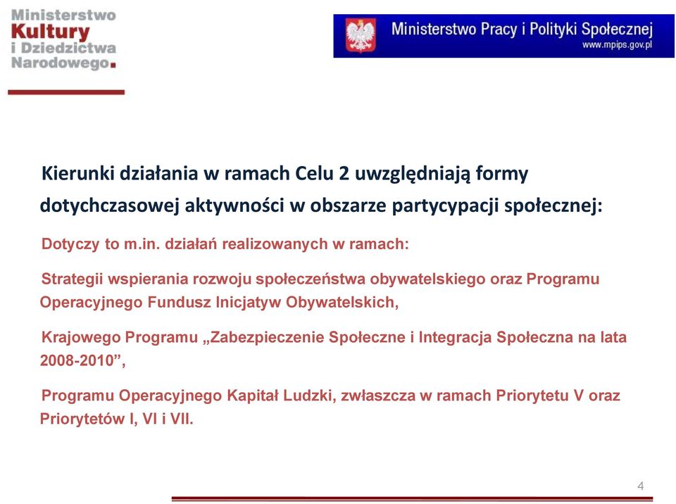 działań realizowanych w ramach: Strategii wspierania rozwoju społeczeństwa obywatelskiego oraz Programu Operacyjnego