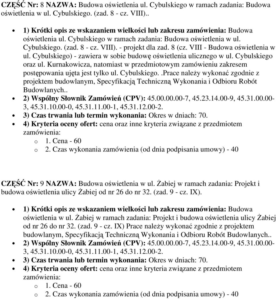 VIII - Budowa oświetlenia w ul. Cybulskiego) - zawiera w sobie budowę oświetlenia ulicznego w ul. Cybulskiego oraz ul.