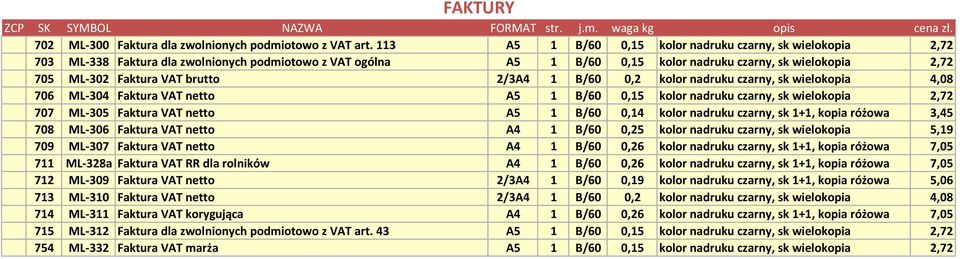 brutto 2/3A4 1 B/60 0,2 kolor nadruku czarny, sk wielokopia 4,08 706 ML-304 Faktura VAT netto A5 1 B/60 0,15 kolor nadruku czarny, sk wielokopia 2,72 707 ML-305 Faktura VAT netto A5 1 B/60 0,14 kolor