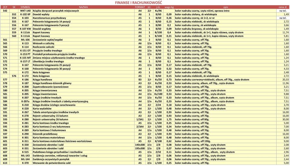 555 K-167 Polecenie księgowania 14 pozycji A5 1 B/60 0,15 kolor nadruku niebieski, sk wielokopia 2,72 556 K-167 Polecenie księgowania 9 pozycji A5 1 B/80 0,2 kolor nadruku czarny, sk wielokopia 3,66