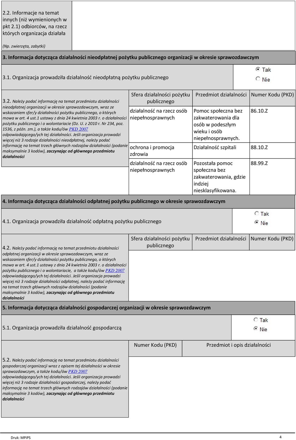 Należy podać informację na temat przedmiotu działalności nieodpłatnej organizacji w okresie sprawozdawczym, wraz ze wskazaniem sfer/y działalności pożytku publicznego, o których mowa w art. 4 ust.