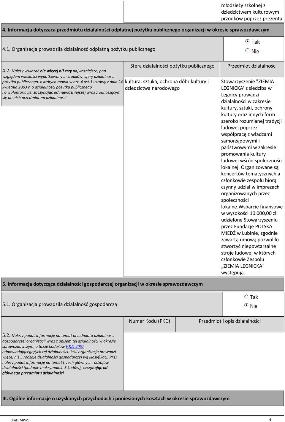 Należy wskazać nie więcej niż trzy najważniejsze, pod względem wielkości wydatkowanych środków, sfery działalności pożytku publicznego, o których mowa w art. 4 ust.1 ustawy z dnia 24 kwietnia 2003 r.