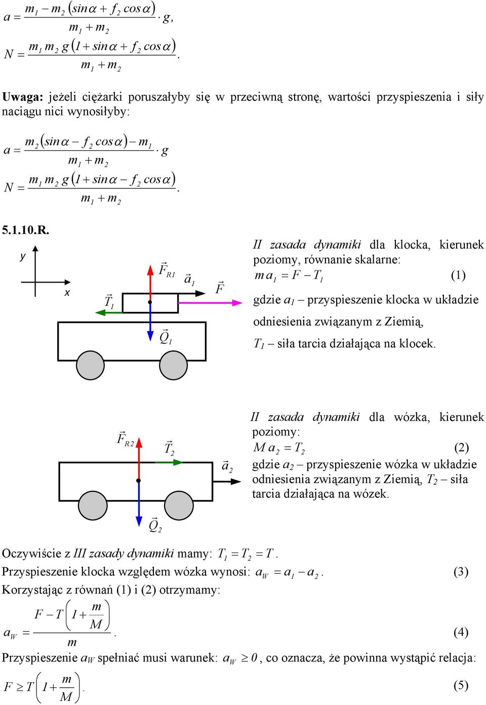 . y x T F a F II zasada dynaiki dla klocka, kieunek pozioy, ównanie skalane: a = F () T gdzie a pzyspieszenie klocka w układzie odniesienia związany z Zieią, Q T siła tacia działająca na klocek.