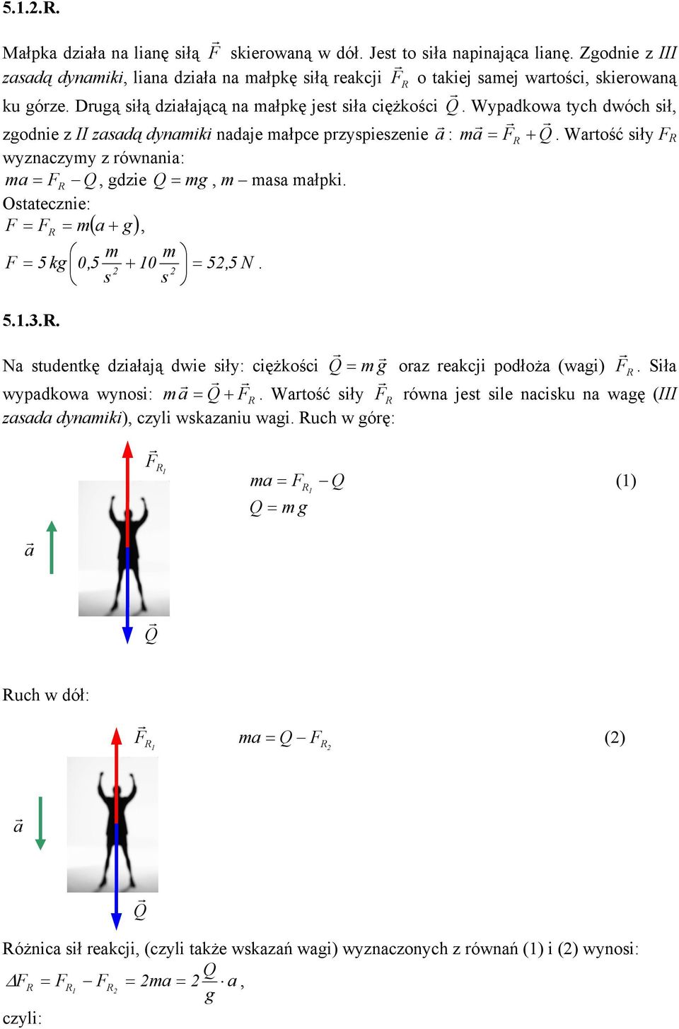 Watość siły F wyznaczyy z ównania: a = F Q, gdzie Q = g, asa ałpki. Ostatecznie: F F = ( a + g) =, = 5 kg 0,5 + 0 = 5,5 N. s s F 5..3.