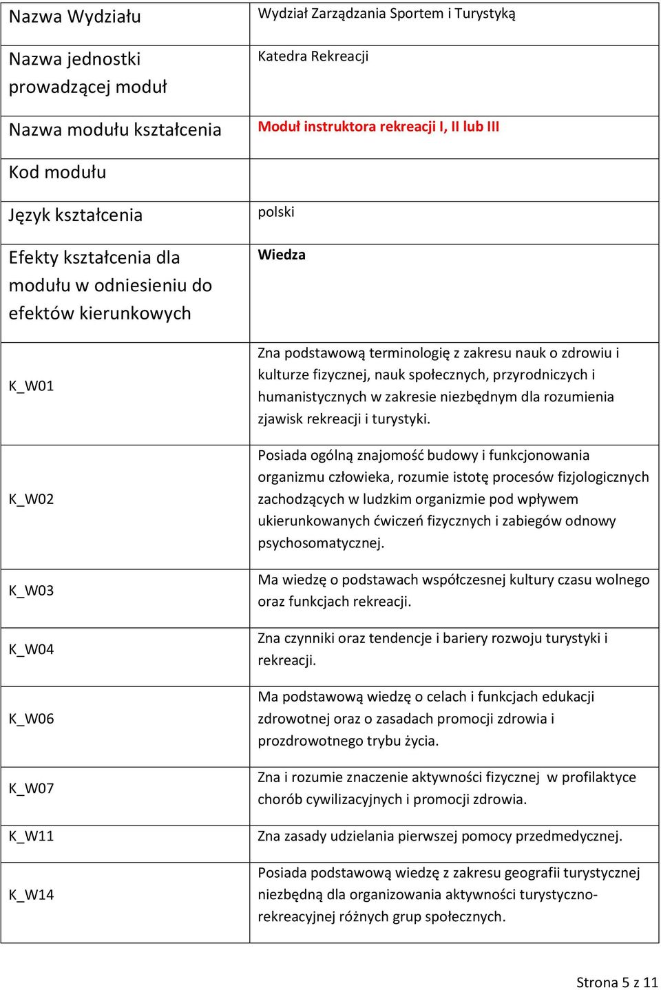 kulturze fizycznej, nauk społecznych, przyrodniczych i humanistycznych w zakresie niezbędnym dla rozumienia zjawisk rekreacji i turystyki.