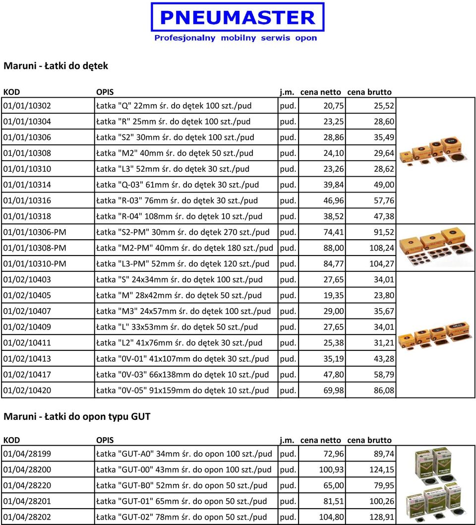 do dętek 30 szt./pud pud. 39,84 49,00 01/01/10316 Łatka "R-03" 76mm śr. do dętek 30 szt./pud pud. 46,96 57,76 01/01/10318 Łatka "R-04" 108mm śr. do dętek 10 szt./pud pud. 38,52 47,38 01/01/10306-PM Łatka "S2-PM" 30mm śr.