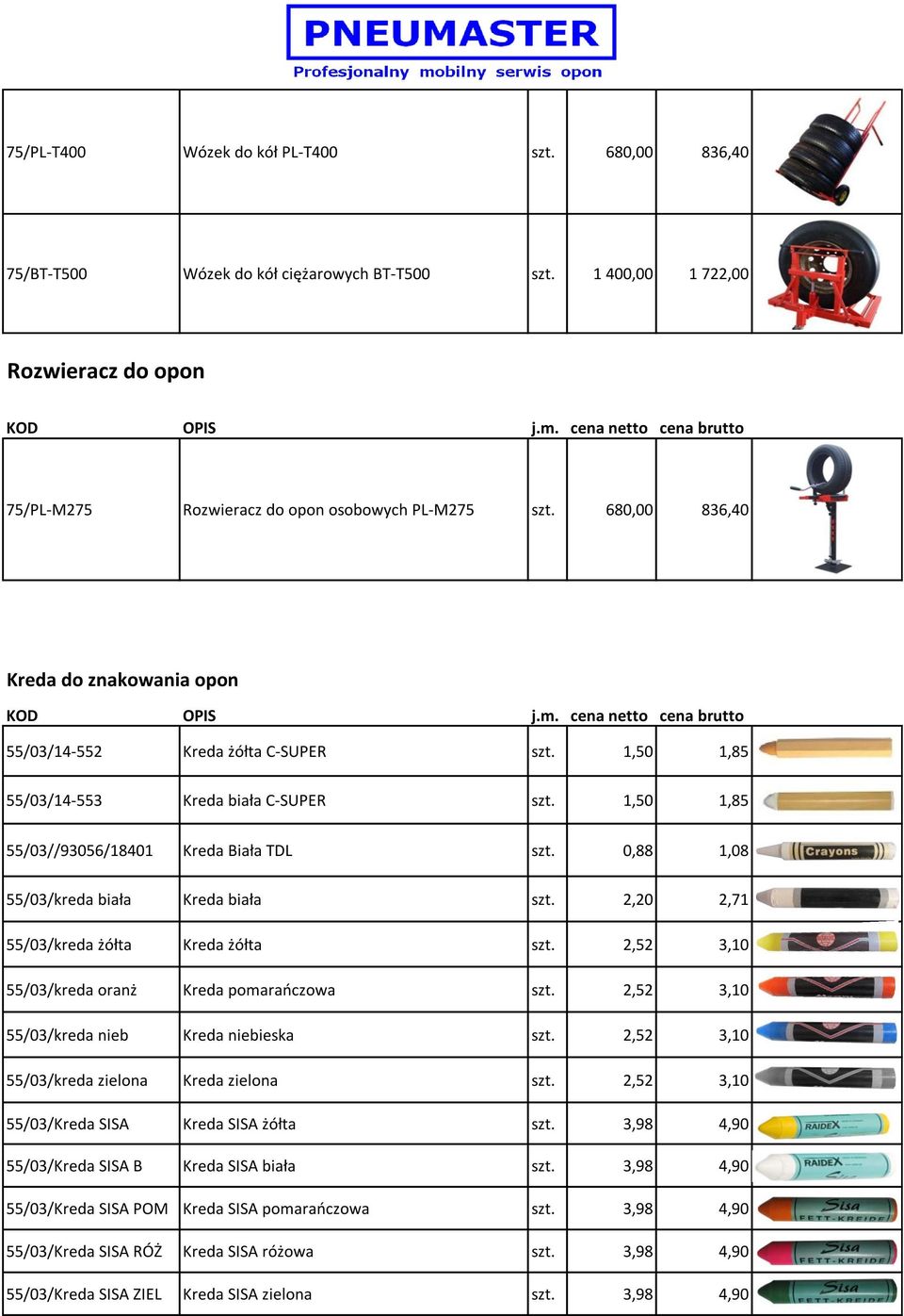 0,88 1,08 55/03/kreda biała Kreda biała szt. 2,20 2,71 55/03/kreda żółta Kreda żółta szt. 2,52 3,10 55/03/kreda oranż Kreda pomarańczowa szt. 2,52 3,10 55/03/kreda nieb Kreda niebieska szt.