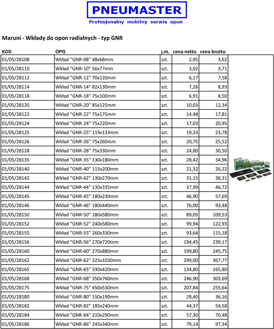 10,03 12,34 01/05/28122 Wkład "GNR-22" 75x175mm szt. 14,48 17,81 01/05/28124 Wkład "GNR-24" 75x220mm szt. 17,03 20,95 01/05/28125 Wkład "GNR-25" 119x133mm szt.