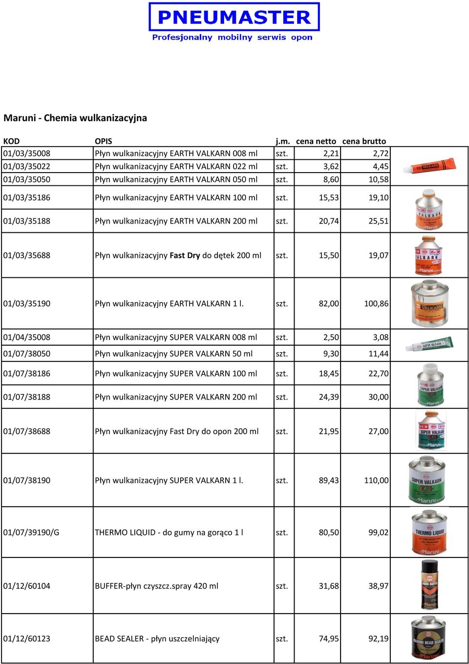 15,53 19,10 01/03/35188 Płyn wulkanizacyjny EARTH VALKARN 200 ml szt. 20,74 25,51 01/03/35688 Płyn wulkanizacyjny Fast Dry do dętek 200 ml szt.