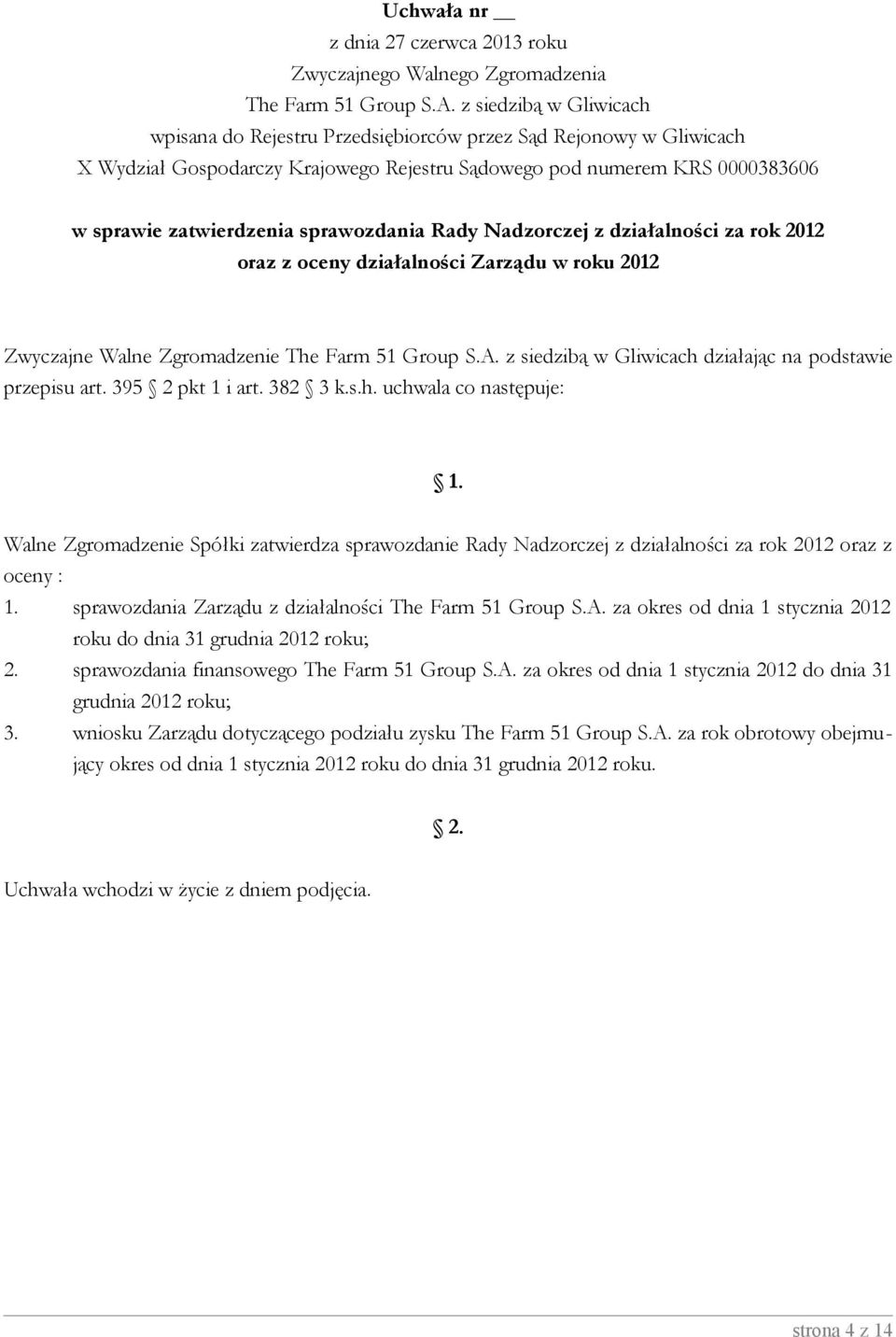 sprawozdania Zarządu z działalności The Farm 51 Group S.A. za okres od dnia 1 stycznia 2012 roku do dnia 31 grudnia 2012 roku; 2. sprawozdania finansowego The Farm 51 Group S.A. za okres od dnia 1 stycznia 2012 do dnia 31 grudnia 2012 roku; 3.