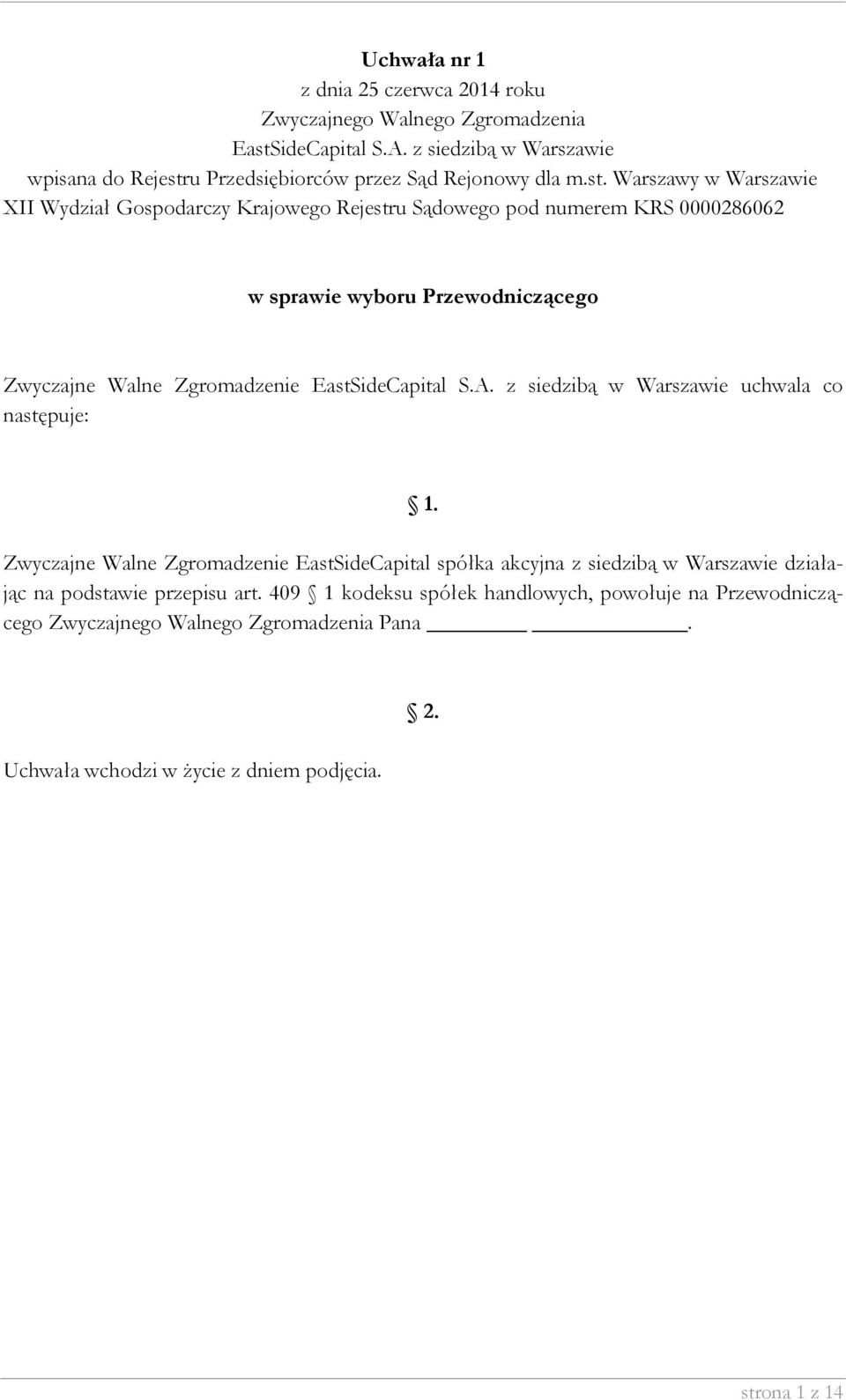 EastSideCapital spółka akcyjna z siedzibą w Warszawie działając na