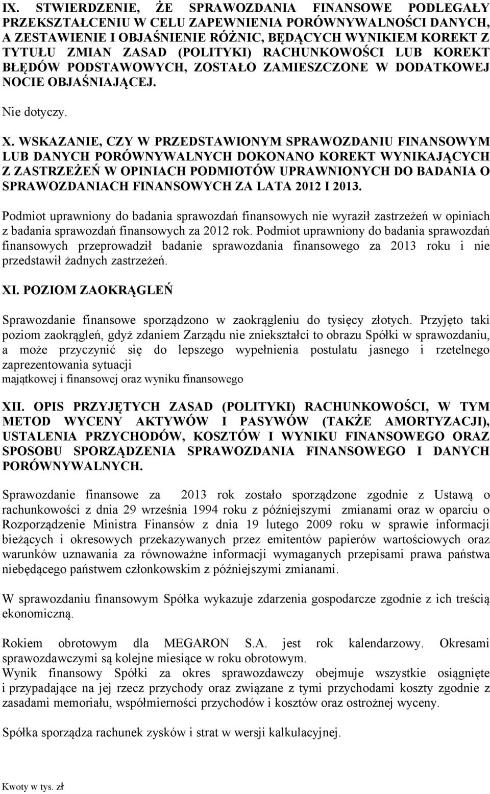 WSKAZANIE, CZY W PRZEDSTAWIONYM SPRAWOZDANIU FINANSOWYM LUB DANYCH PORÓWNYWALNYCH DOKONANO KOREKT WYNIKAJĄCYCH Z ZASTRZEŻEŃ W OPINIACH PODMIOTÓW UPRAWNIONYCH DO BADANIA O SPRAWOZDANIACH FINANSOWYCH