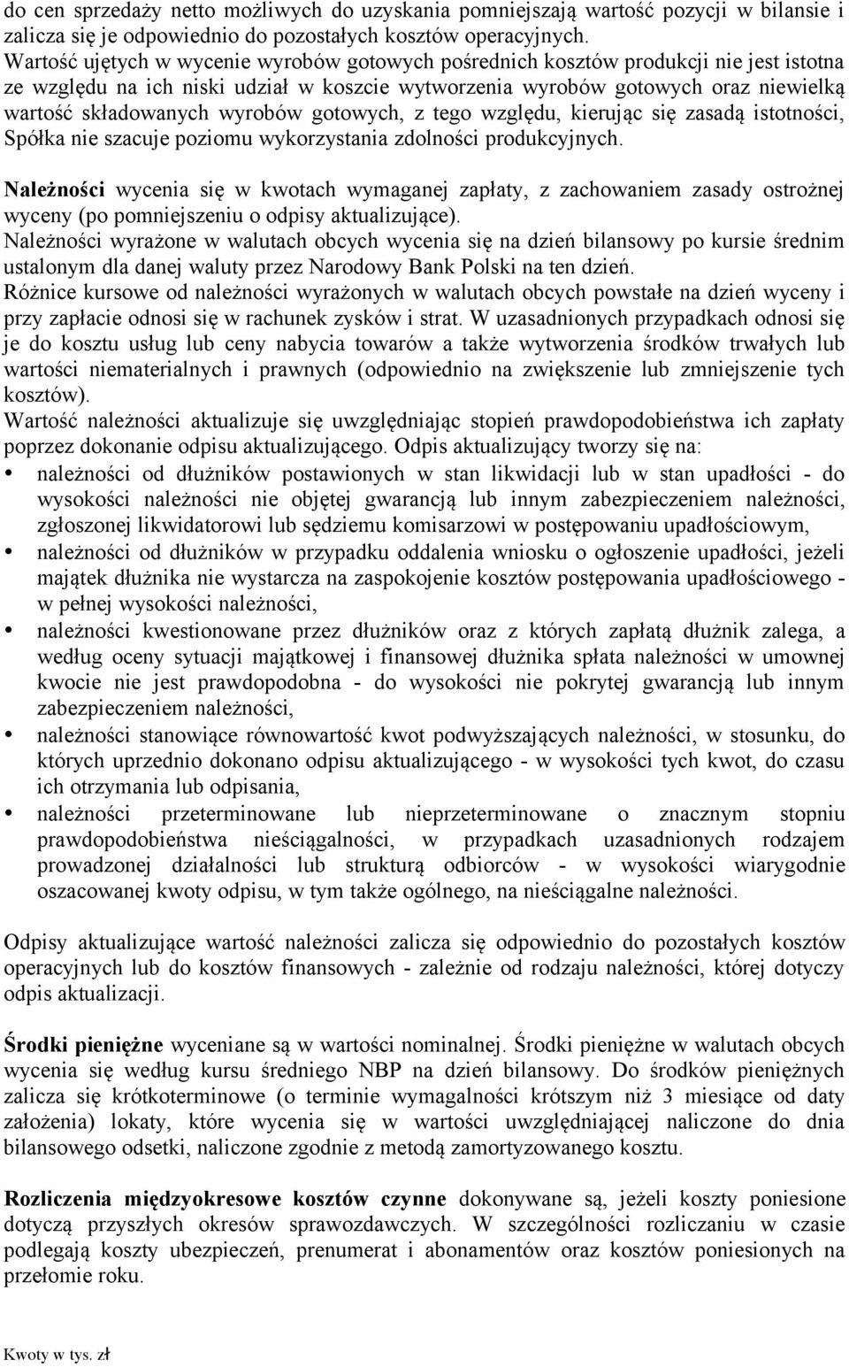 wyrobów gotowych, z tego względu, kierując się zasadą istotności, Spółka nie szacuje poziomu wykorzystania zdolności produkcyjnych.