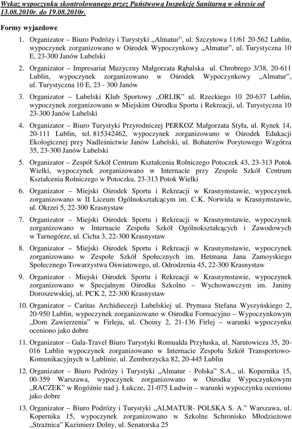 Chrobrego 3/38, 20-611 Lublin, wypoczynek zorganizowano w Ośrodek Wypoczynkowy Almatur, ul. Turystyczna 10 E, 23-300 Janów 3. Organizator Lubelski Klub Sportowy ORLIK ul.