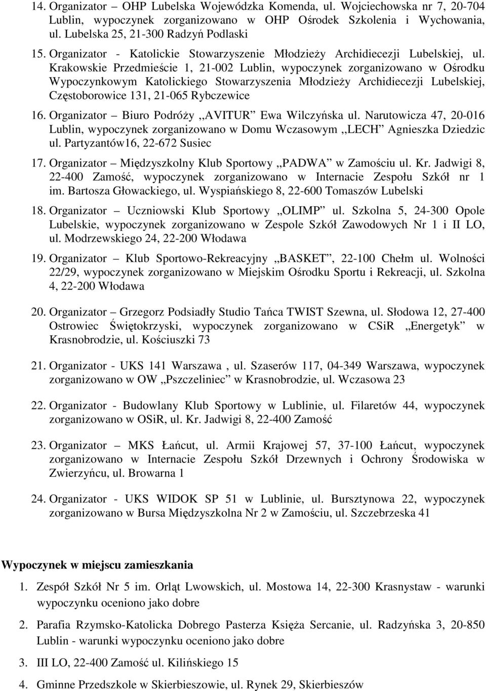 Krakowskie Przedmieście 1, 21-002 Lublin, wypoczynek zorganizowano w Ośrodku Wypoczynkowym Katolickiego Stowarzyszenia MłodzieŜy Archidiecezji Lubelskiej, Częstoborowice 131, 21-065 Rybczewice 16.