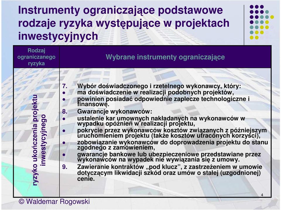 Gwarancje wykonawców: ustalenie kar umownych nakładanych na wykonawców w wypadku opóźnień w realizacji projektu, pokrycie przez wykonawców kosztów związanych z późniejszym uruchomieniem projektu