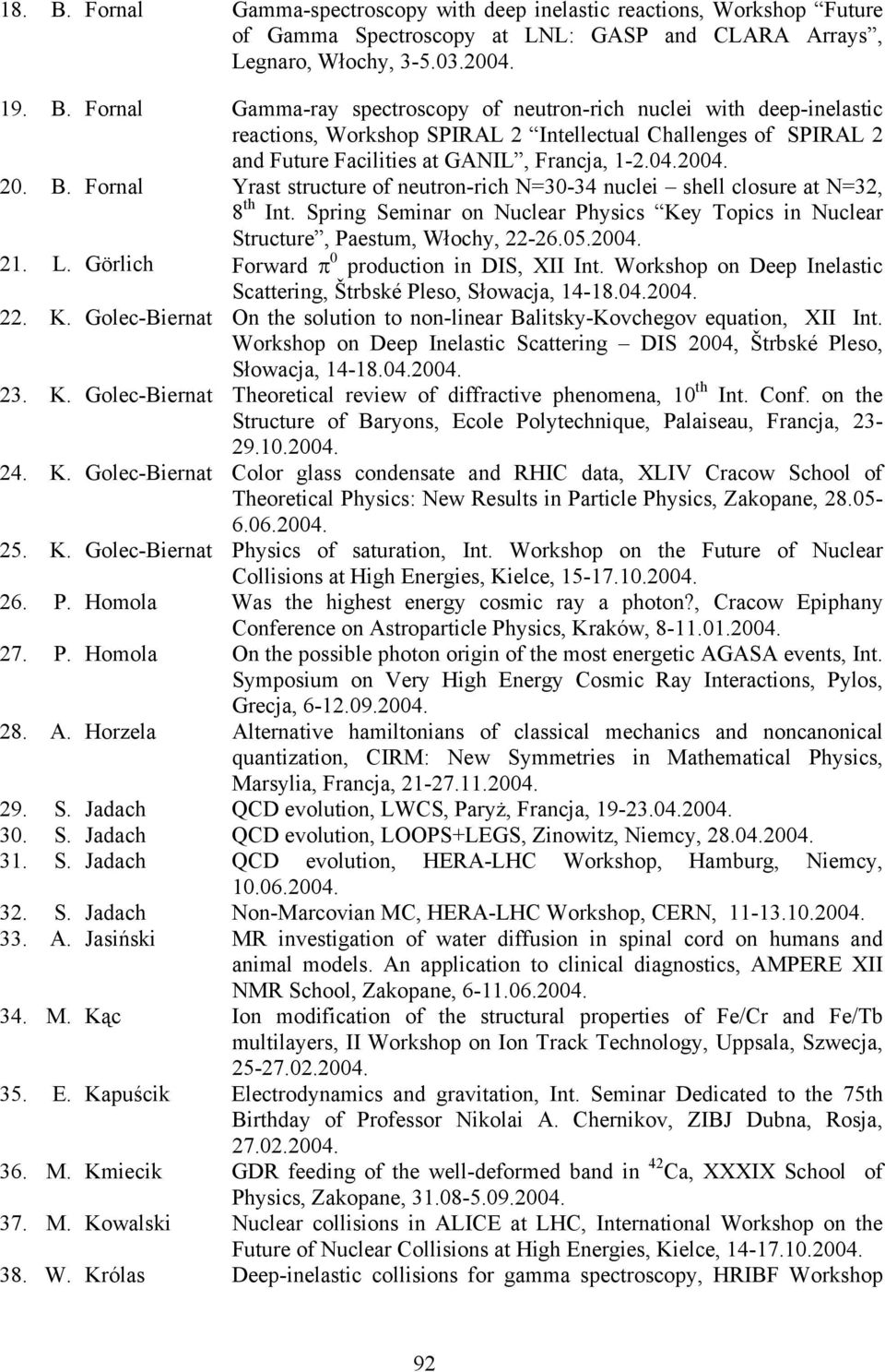 2004. 21. L. Görlich Forward π 0 production in DIS, XII Int. Workshop on Deep Inelastic Scattering, Štrbské Pleso, Słowacja, 14-18.04.2004. 22. K.