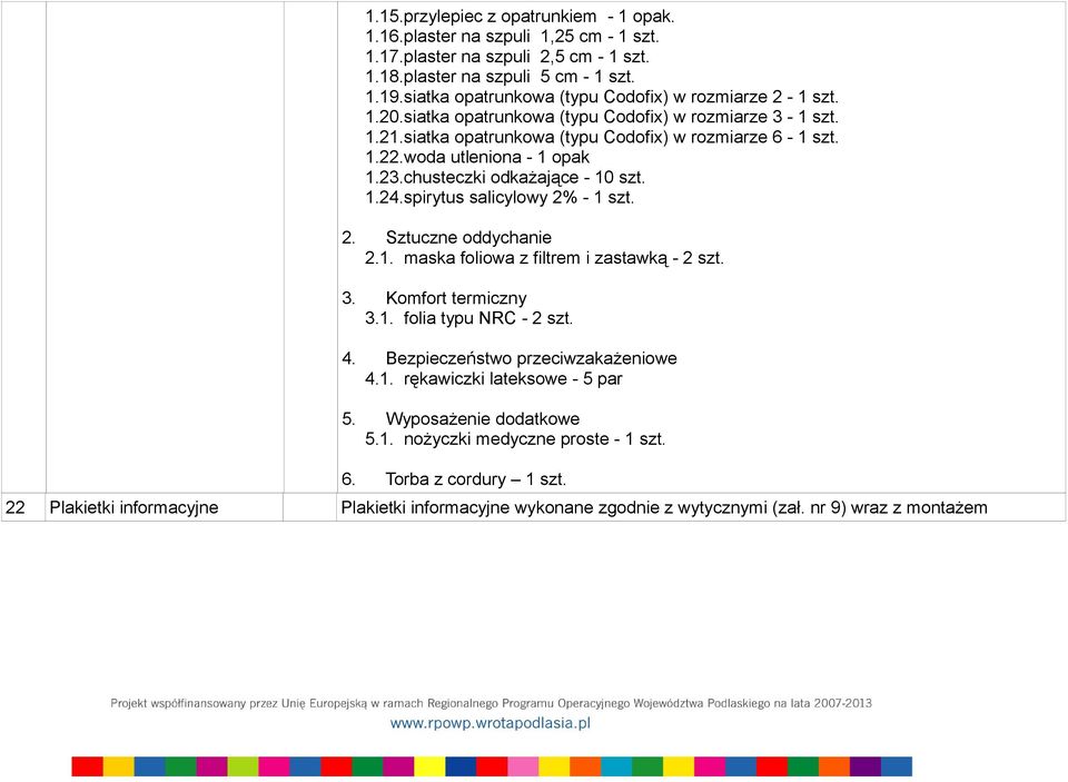 woda utleniona - 1 opak 1.23.chusteczki odkażające - 10 szt. 1.24.spirytus salicylowy 2% - 1 szt. 2. Sztuczne oddychanie 2.1. maska foliowa z filtrem i zastawką - 2 szt. 3. Komfort termiczny 3.1. folia typu NRC - 2 szt.