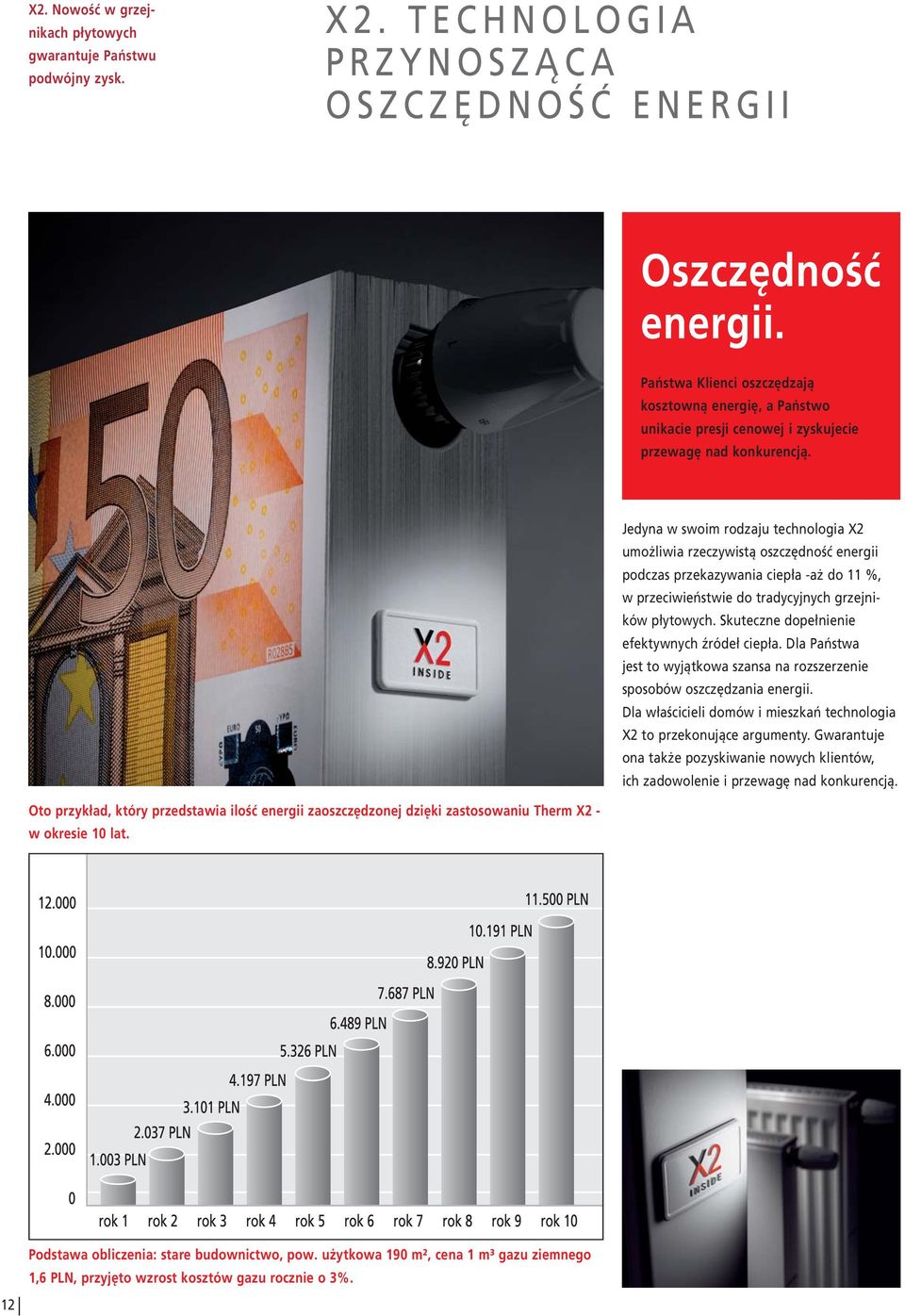 Jedyna w swoim rodzaju technoogia X2 umożiwia rzeczywistą oszczędność energii podczas przekazywania ciepła -aż do 11 %, w przeciwieństwie do tradycyjnych grzejników płytowych.