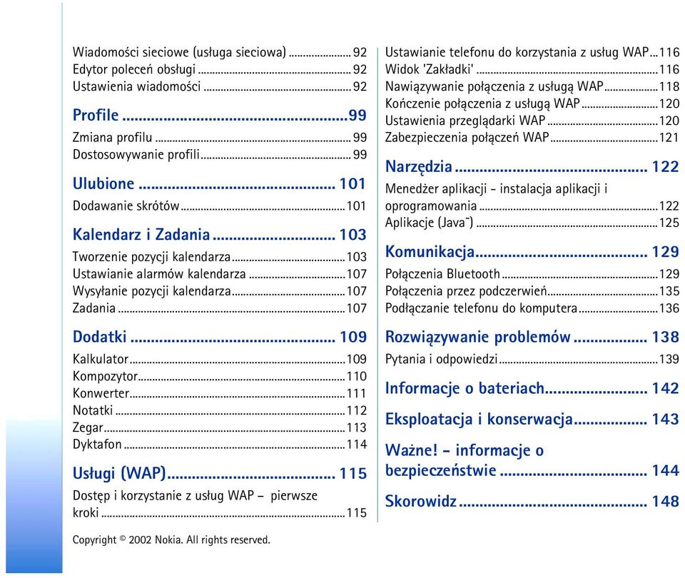 ..110 Konwerter...111 Notatki...112 Zegar...113 Dyktafon...114 Us³ugi (WAP)... 115 Dostêp i korzystanie z us³ug WAP pierwsze kroki...115 Ustawianie telefonu do korzystania z us³ug WAP.