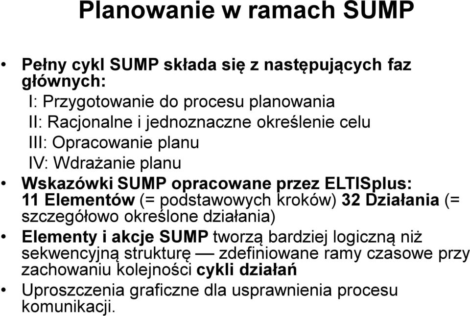 Elementów (= podstawowych kroków) 32 Działania (= szczegółowo określone działania) Elementy i akcje SUMP tworzą bardziej logiczną niż