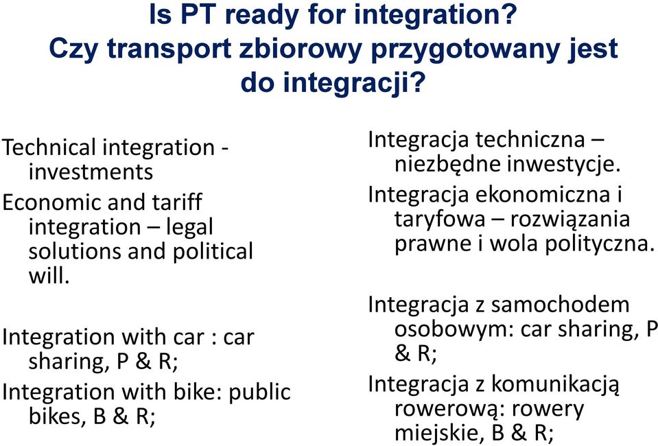 Integration with car : car sharing, P & R; Integration with bike: public bikes, B & R; Integracja techniczna niezbędne