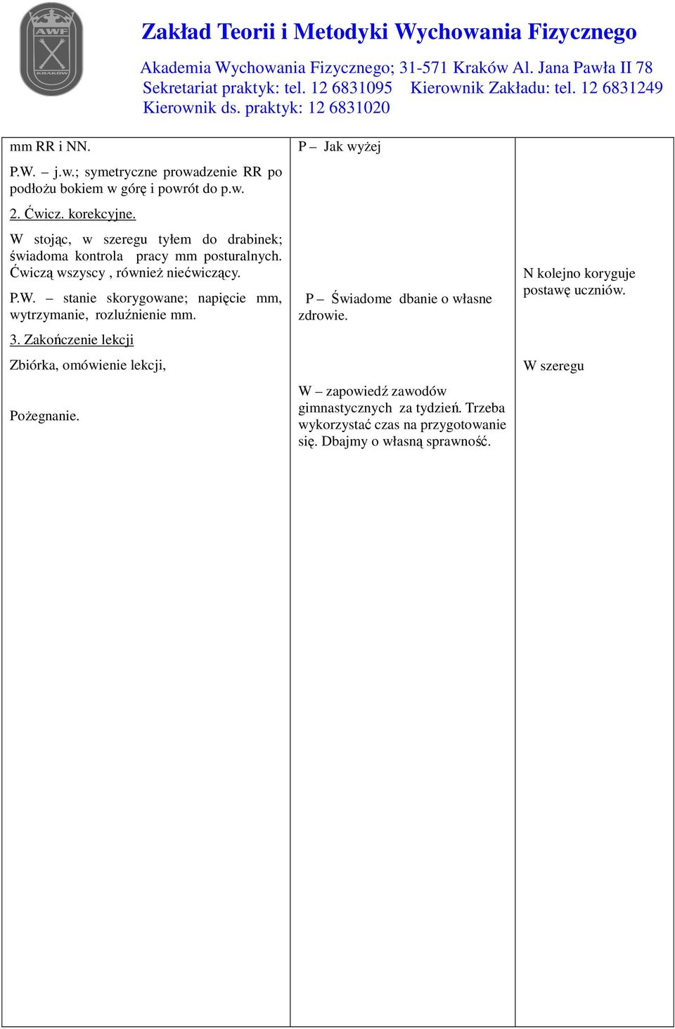 3. Zakończenie lekcji Zbiórka, omówienie lekcji, Pożegnanie. P Jak wyżej P Świadome dbanie o własne zdrowie.