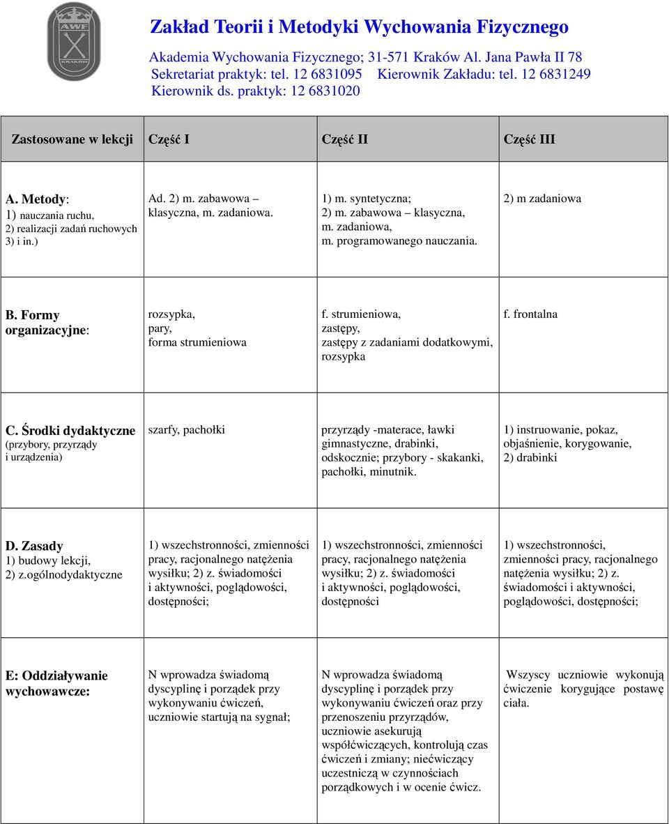 strumieniowa, zastępy, zastępy z zadaniami dodatkowymi, rozsypka f. frontalna C.