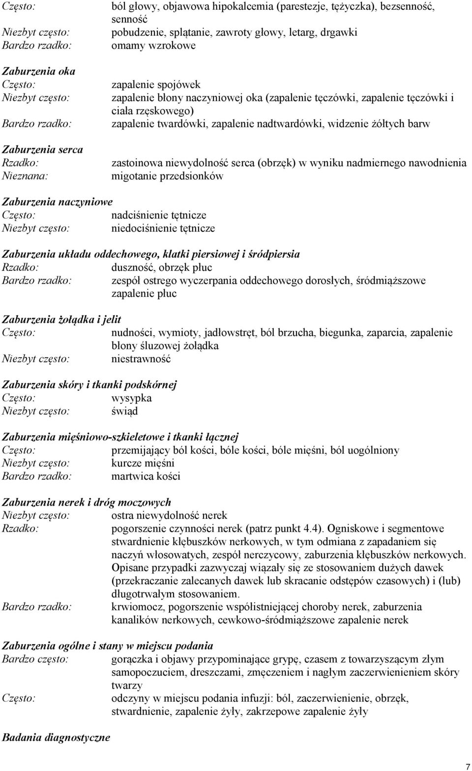 twardówki, zapalenie nadtwardówki, widzenie żółtych barw zastoinowa niewydolność serca (obrzęk) w wyniku nadmiernego nawodnienia migotanie przedsionków Zaburzenia naczyniowe nadciśnienie tętnicze