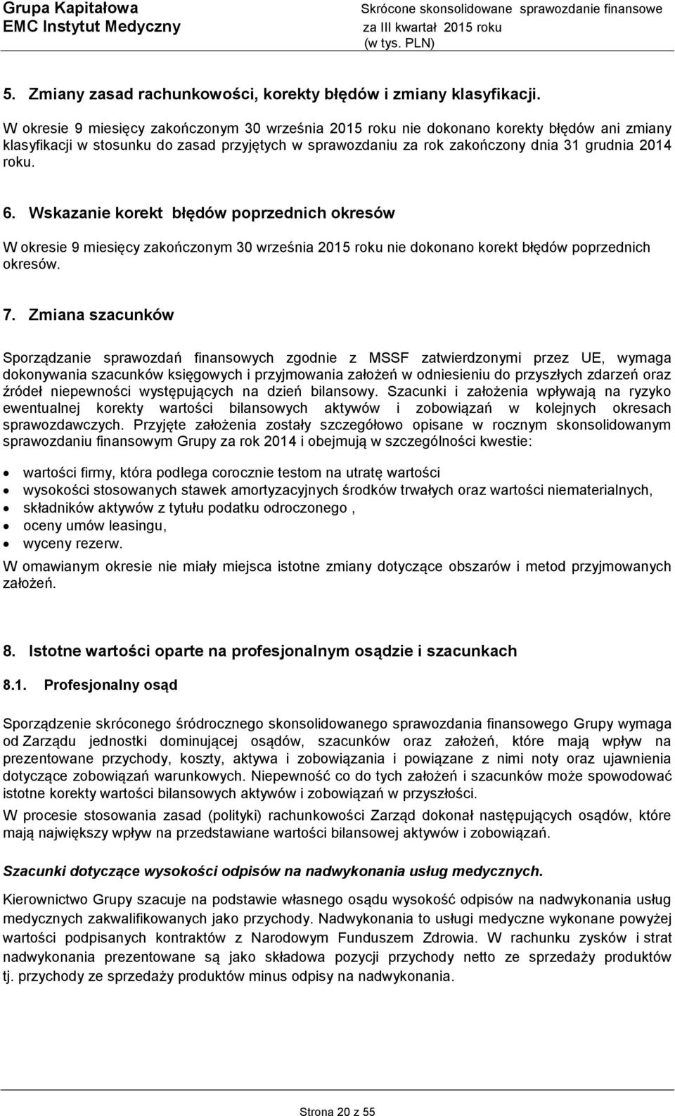 Wskazanie korekt błędów poprzednich okresów W okresie 9 miesięcy zakończonym 30 września 2015 roku nie dokonano korekt błędów poprzednich okresów. 7.