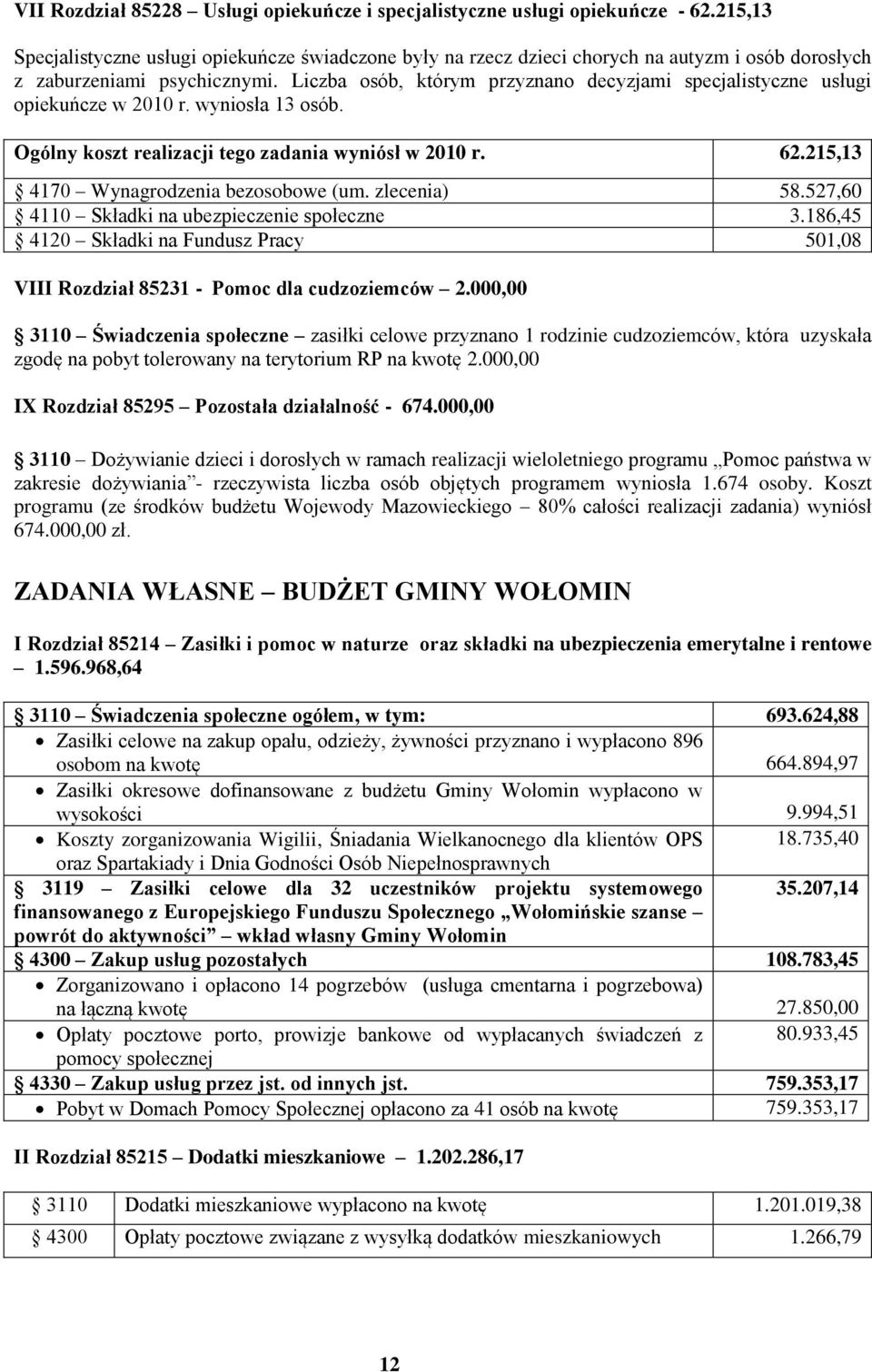 Liczba osób, którym przyznano decyzjami specjalistyczne usługi opiekuńcze w 2010 r. wyniosła 13 osób. Ogólny koszt realizacji tego zadania wyniósł w 2010 r. 62.