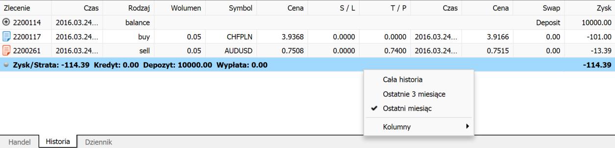 Wybór okresu dokonujemy klikając prawym przyciskiem myszy w historii rachunku - ukazuje się kilka opcji do