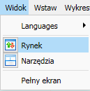 Dla rachunku Noble Markets MT4 STP dostępne instrumenty (pary walutowe oraz złoto i srebro) oznaczone są rozszerzeniem pro.e Okno Rynek włączamy poprzez wybranie opcji Rynek z menu Widok.