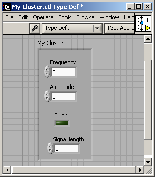 Otwieramy nową aplikację (Ctrl + n) i umieszczamy na panelu naszą kontrolkę (All Controls > Select a Control i wybieramy My Cluster.ctl).