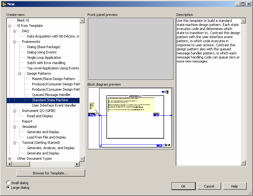 Prostą maszynę stanu utworzymy korzystając z szablonu oferowanego przez LabVIEW.