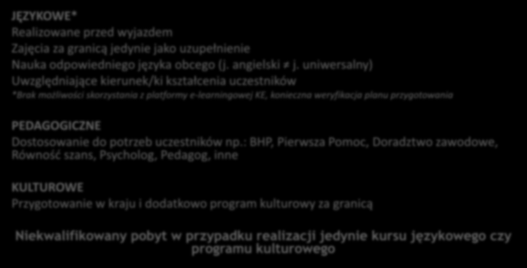 3.4. Przygotowanie pedagogiczne, kulturowe i językowe (2/2) JĘZYKOWE* Realizowane przed wyjazdem Zajęcia za granicą jedynie jako uzupełnienie Nauka odpowiedniego języka obcego (j. angielski j.