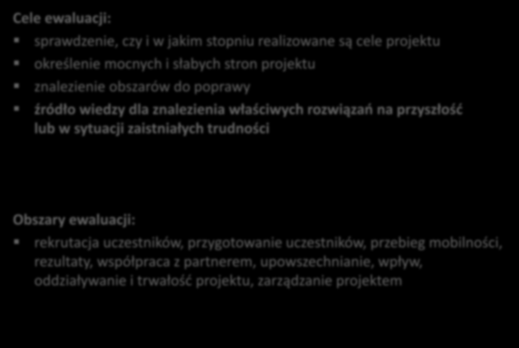 3.8. Ewaluacja w projekcie Cele ewaluacji: sprawdzenie, czy i w jakim stopniu realizowane są cele projektu określenie mocnych i słabych stron projektu znalezienie obszarów do poprawy źródło wiedzy