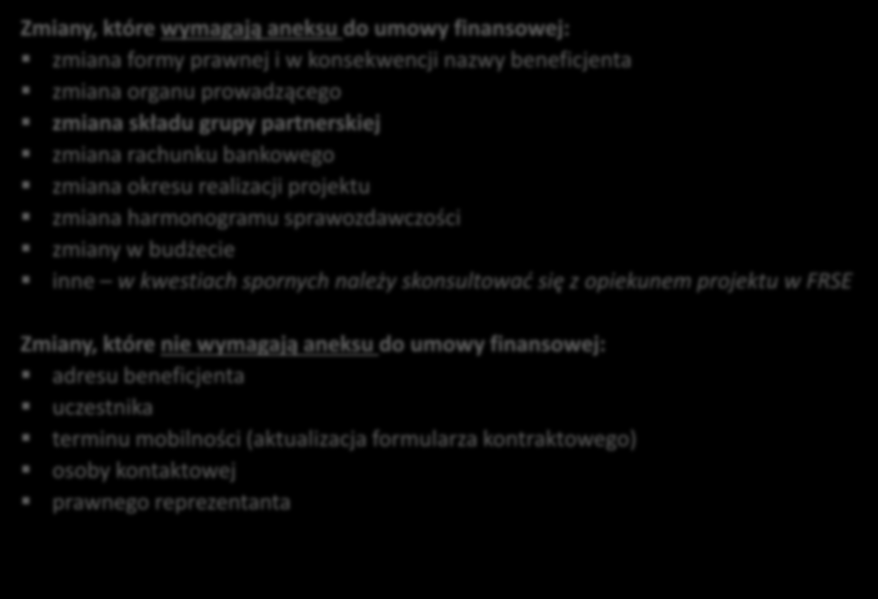 5. Zmiany w projekcie (1/3) Zmiany, które wymagają aneksu do umowy finansowej: zmiana formy prawnej i w konsekwencji nazwy beneficjenta zmiana organu prowadzącego zmiana składu grupy partnerskiej