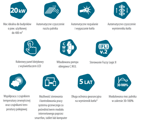 Informacje o produkcie - automatyczne czyszczenie wymiennika kotła - duży pojemnik na popiół (usuwanie popiołu wymagane tylko raz na ok.