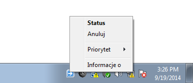 Elementy Acronis w menu Start systemu Windows. Przycisk Acronis True Image na pasku zadań. Polecenia menu skrótów.