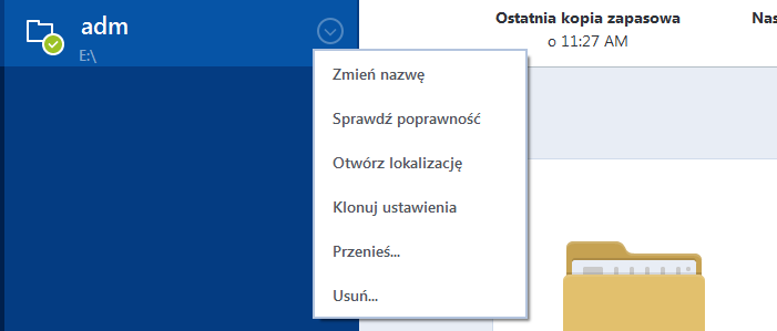 4.4.1 Menu operacji na kopiach zapasowych Menu operacji na kopiach zapasowych zapewnia szybki dostęp do dodatkowych operacji, które można wykonywać na wybranej kopii zapasowej.