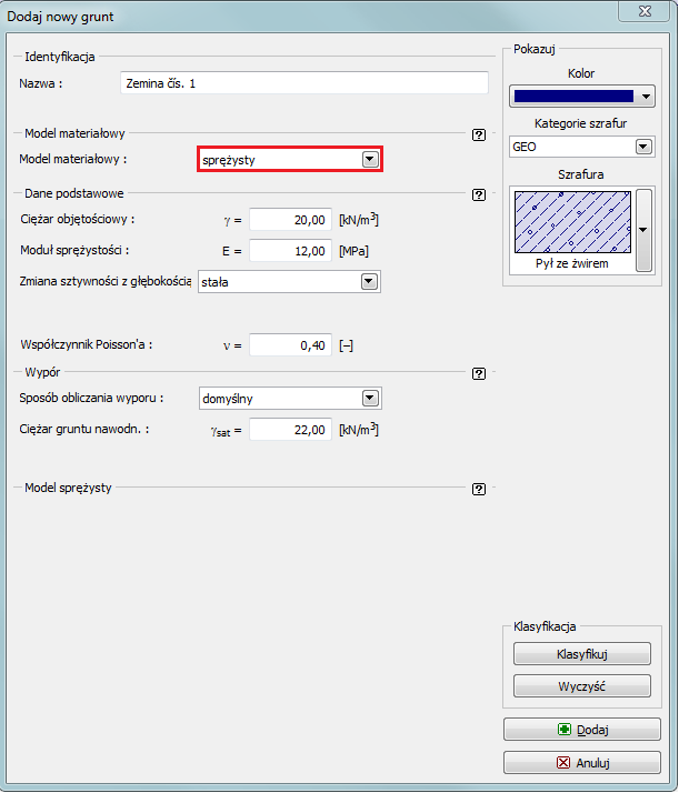 Kolejnym krokiem będzie wybór modelu i wprowadzenie parametrów materiałowych gruntu oraz przyporządkowanie go do