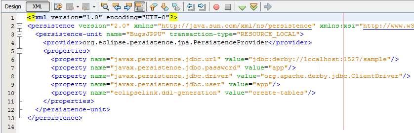 Obejrzyj w trybie XML zawartość pliku persistence.xml, wygenerowanego przez kreator.