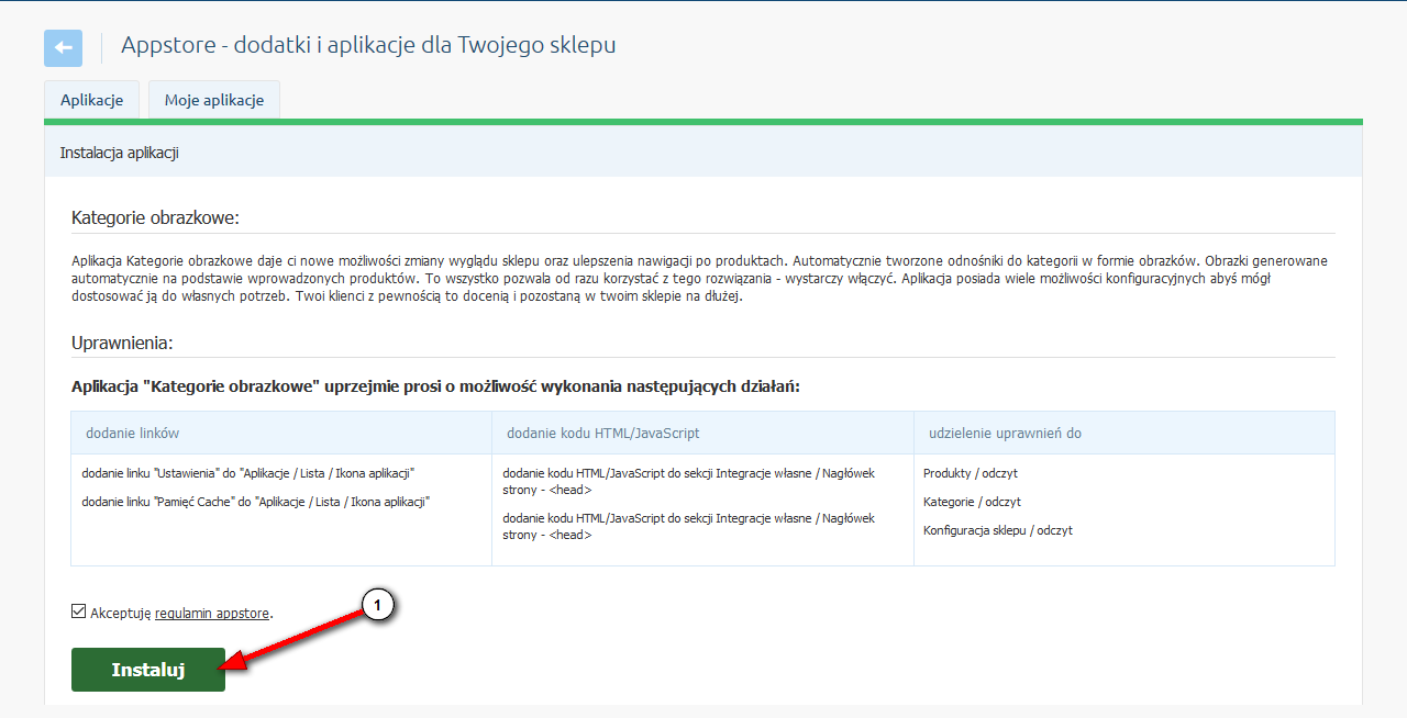 W oknie instalacji aplikacji zostaną wyświetlone informacje o niezbędnych uprawnieniach dla aplikacji i regulamin appstore. Zaznacz opcję Akceptuję regulamin appstore i kliknij Instaluj.