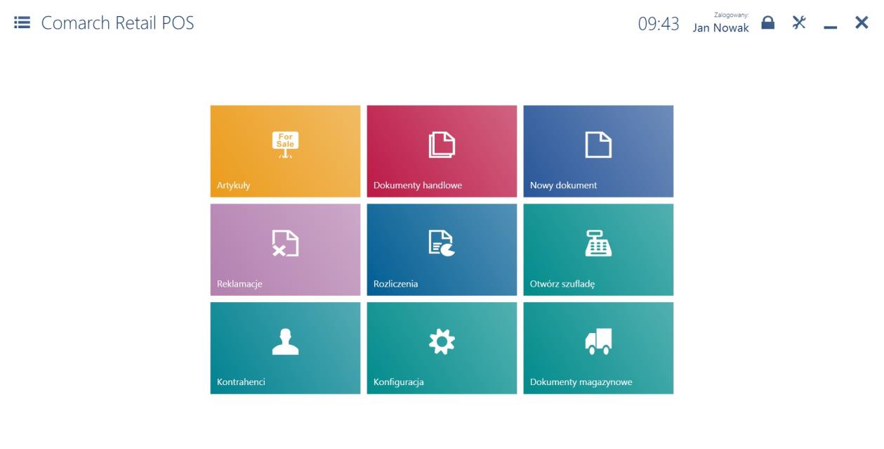 Rysunek 5 Ekran główny Comarch Retail POS Nowy mechanizm synchronizacji danych między bazą stanowiska POS, a bazą firmową wykorzystuje wspólny protokół i mechanizm PUSH, dzięki któremu dokumenty