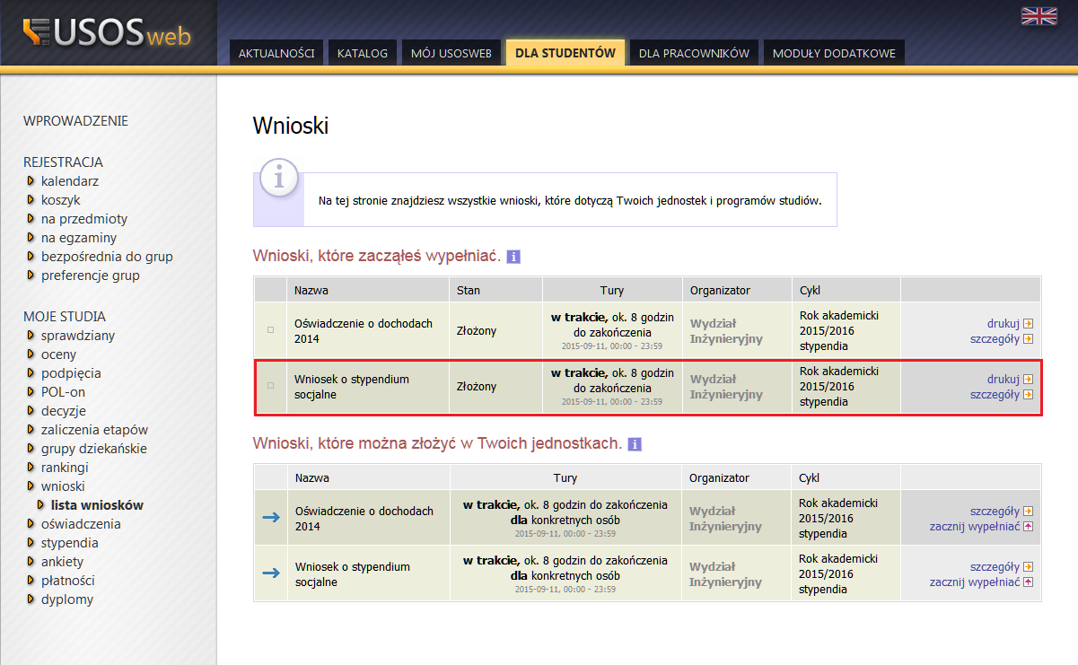 Po wydrukowaniu, w chwili kiedy przejdziesz do modułu głównego WNIOSKI wyświetli się w pierwszej