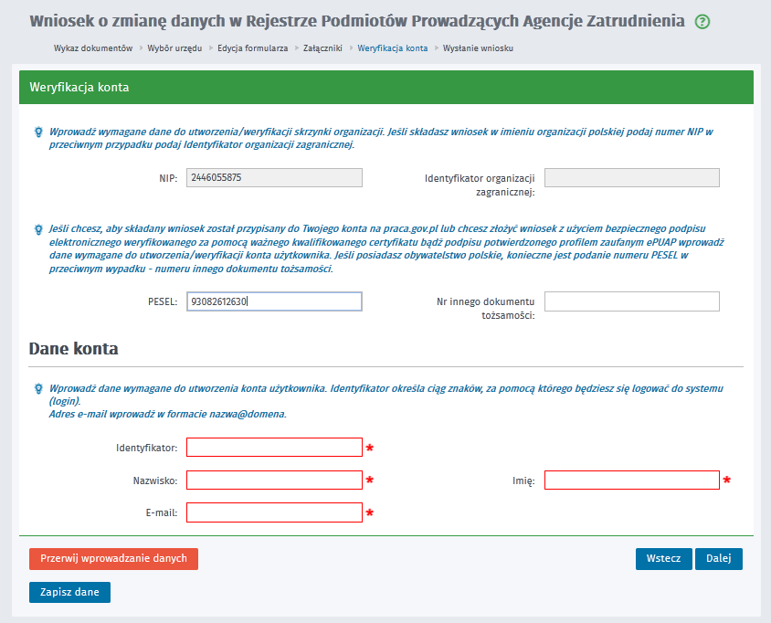 Po przejściu do kolejnego kroku należy określić, w jaki sposób urząd powinien się kontaktować w bieżącej sprawie oraz wybrać tryb złożenia wniosku: 1.