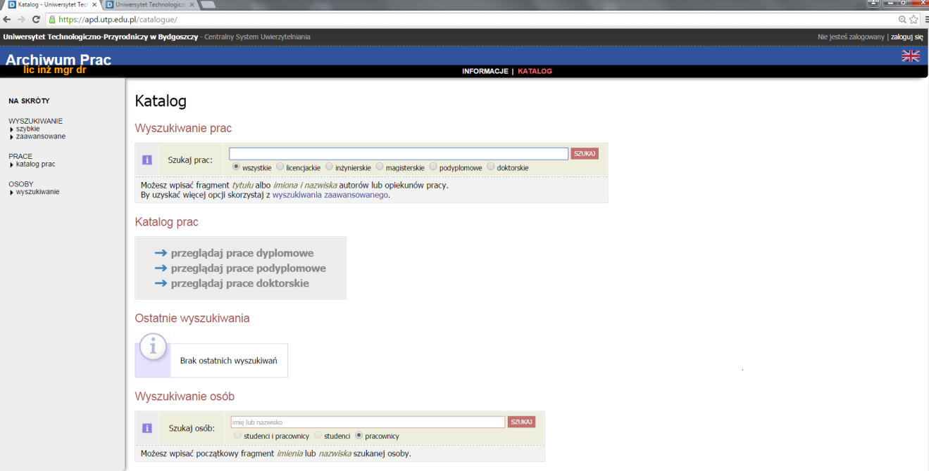 W KATALOGU, użytkownik może przeglądać informacje o pracach dyplomowych realizowanych i zrealizowanych w