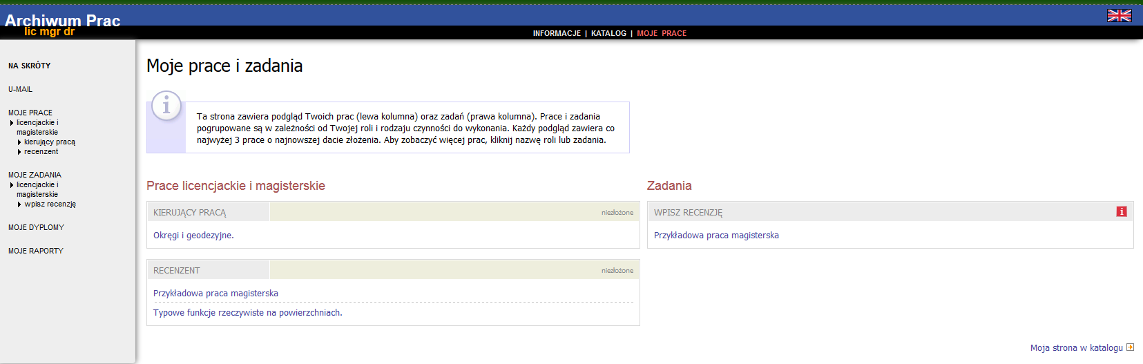Rysunek 9 Recenzenci otrzymują w systemie APD zadanie wypełnienia recenzji (Rysunek 10): Rysunek 10 Aby przejść do zadania wpisywania recenzji należy kliknąć tytuł