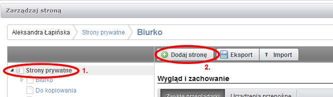 STRONY I PODSTRONY W tym rozdziale dowiemy się jak utworzyć stronę. Utworzymy nową stronę o nazwie Strona. Najeżdżamy myszką na napis Zarządzaj na pasku narzędzi i wybieramy Strona.